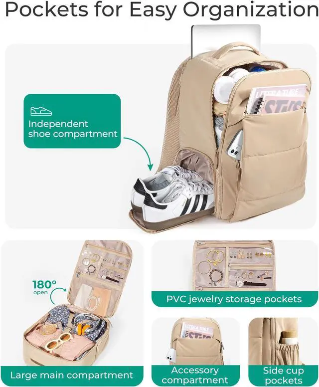 Alt view image 2 of 5 - BAGSMART Carry on Backpack with Shoe Compartment, 30L Travel Backpack Airline Approved, Lightweight Gym Backpack for Women, Water Resistant Travel Bag Fits 15.6 Inch Laptop, Beige