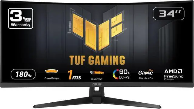 Main image of ASUS TUF Gaming 34" Ultra-Wide Curved Monitor (VG34VQ3B) - 21:9 QHD (3440x1440), 180Hz, 1ms, Extreme Low Motion Blur Sync, FreeSync Premium, Speaker, 90% DCI-P3, DisplayWidget Center, 3 yr Warranty