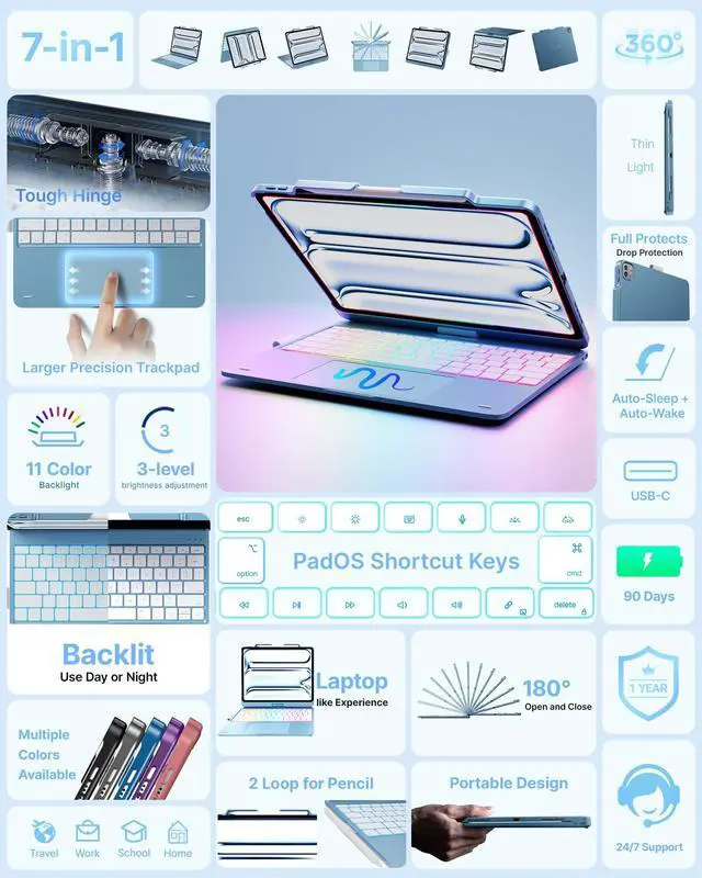 Alt view image 3 of 5 - typecase Keyboard Case for iPad Pro 13-inch (M4, 2024) & iPad Air 13-inch (M2), Trackpad, 360deg Rotatable, Wireless Keyboard, 11-Colors Backlit for iPad Pro 12.9 (6th/5th/4th/3rd Gen), Pale Blue