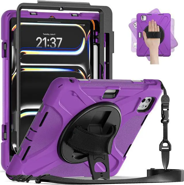Main image of Batianda Case for iPad Pro 13-inch (2024) M4 Chip Model A2925/A2926 Heavy Duty Rugged Durability Silicone Tablet Cover with 360deg Rotating Hand Strap Foldable Hidden Stand & Shoulder Strap, Purple