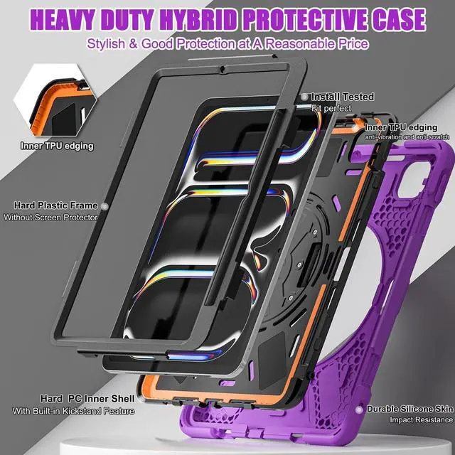 Alt view image 2 of 5 - Batianda Case for iPad Pro 13-inch (2024) M4 Chip Model A2925/A2926 Heavy Duty Rugged Durability Silicone Tablet Cover with 360deg Rotating Hand Strap Foldable Hidden Stand & Shoulder Strap, Purple