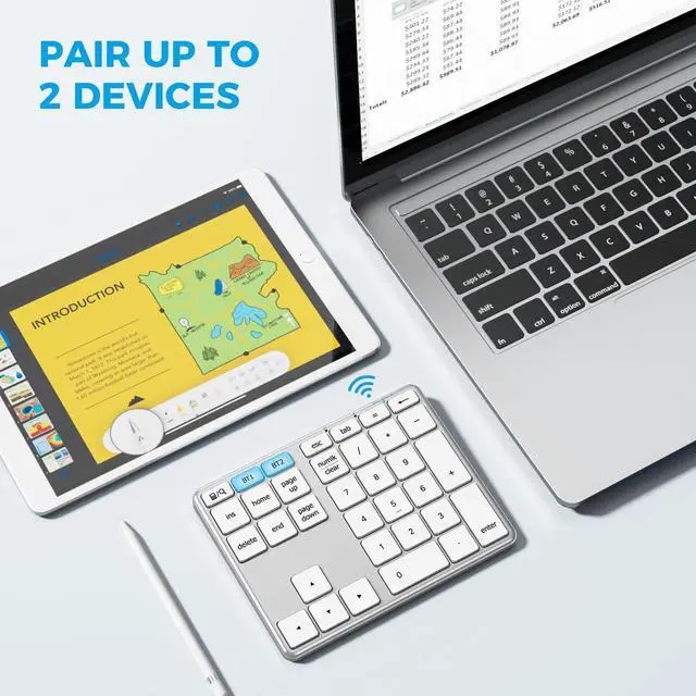 Alt view image 2 of 5 - iClever Number Pad for Laptop, Bluetooth Number Pad, USB-C Charge, Aluminum Build, Multi-Device Wireless Number pad for Data Entry, Compatible with Mac, iMac, Tablet, Laptop, PC Desktop