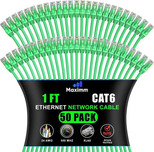 Main image of Maximm Cat 6 Ethernet Cable 1 ft (50-Pack) - High-Speed LAN Cable, Internet Cable, Patch Cable, and Network Cable - UTP, 10Gbps, 550MHz Ethernet Cord - Green