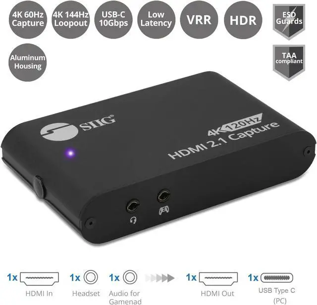 Alt view image 2 of 5 - SIIG 4K120Hz HDMI 2.1 Capture Device for Gaming and Streaming - VRR and HDR Support - PS5, Xbox Series X/S, Switch (4K144 / 2K144 / Full HD 240) USB-C Gen-2 10Gbps, On-Board Scaling