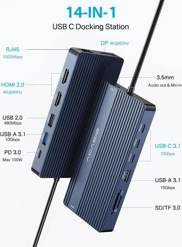 Alt view image 2 of 5 - USB C Docking Station Dual HDMI Monitor, Laptop Docking Station Triple Display, with 2 HDMI+DP(4K60Hz), Ethernet, 3 USBC 10Gbps,100W PD, SD/TF 3.0, Audio - for MacBook, Dell, Lenovo, Surface
