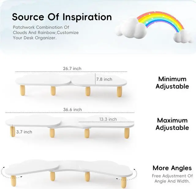 Alt view image 5 of 5 - AFOOYO Dual Monitor Stand Riser,Rainbow Cloud Desktop Computer Stand for 2 Monitors,Adjustable Length and Angle Multifunctional Desktop Organizer Stand for Laptop, PC, Computer, Printer,White