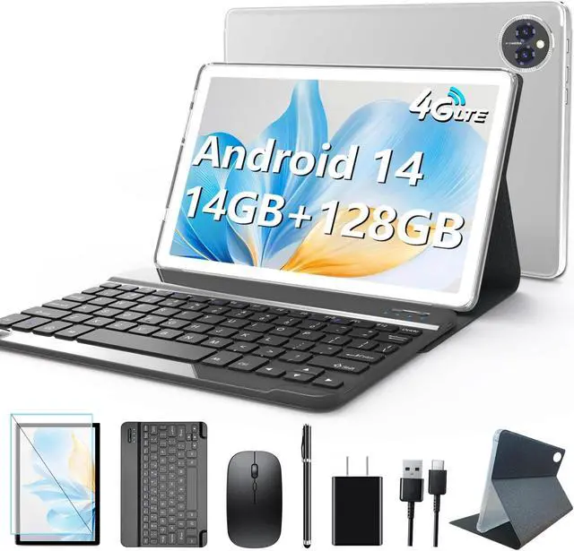 Main image of Android 14 Tablet 10 Inch, 4G Cellular Tablet, Octa-Core, 128GB Storage + 14(8+6)GB RAM/ 1TB Expandable, 5G WiFi, 8000mAh Battery, Bluetooth 5.0, 13MP+8MP Camera, Tablet with Keyboard/Case Kit, Silver