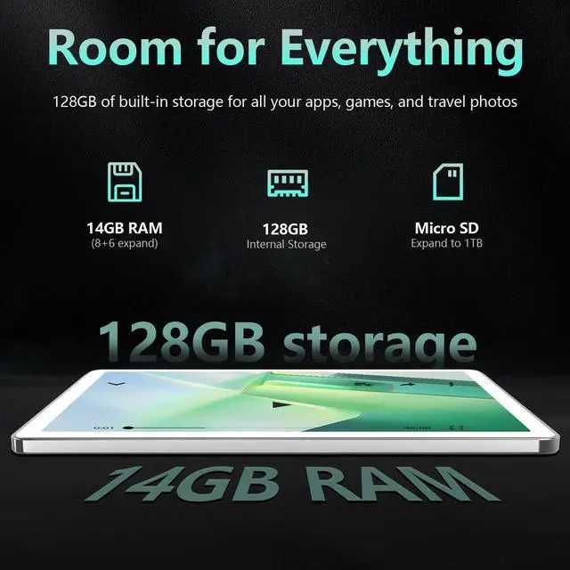 Alt view image 3 of 5 - Android 14 Tablet 10 Inch, 4G Cellular Tablet, Octa-Core, 128GB Storage + 14(8+6)GB RAM/ 1TB Expandable, 5G WiFi, 8000mAh Battery, Bluetooth 5.0, 13MP+8MP Camera, Tablet with Keyboard/Case Kit, Silver