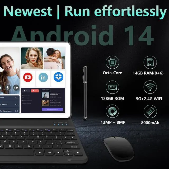 Alt view image 2 of 5 - Android 14 Tablet 10 Inch, 4G Cellular Tablet, Octa-Core, 128GB Storage + 14(8+6)GB RAM/ 1TB Expandable, 5G WiFi, 8000mAh Battery, Bluetooth 5.0, 13MP+8MP Camera, Tablet with Keyboard/Case Kit, Silver