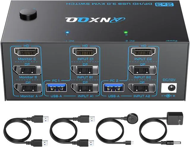 Main image of HDMI + 2 Displayport KVM Switch 3 Monitors 2 Computers, ANXQQ 8K@60Hz 4K@144Hz Triple Monitor KVM, Monitor Switch for 2 Computers Share 3 Monitors and 4 USB 3.0 Ports with Remote and Power Adapter