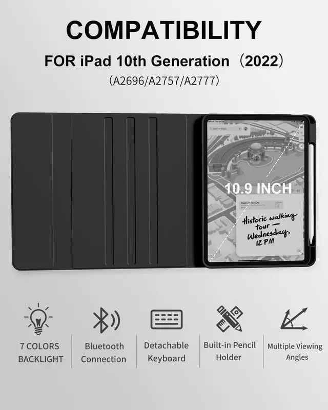 Alt view image 2 of 5 - aoub Keyboard Case for iPad 10th Generation Case 10.9 inch 2022-7 Color Backlit Wireless Detachable Keyboard, Stand Folio Cover with Pencil Holder for iPad 10th Gen, Black