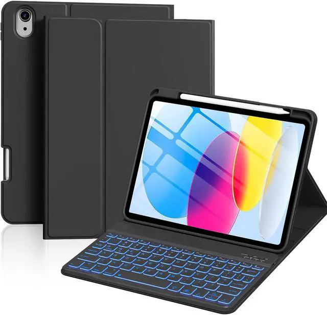 Main image of aoub Keyboard Case for iPad 10th Generation Case 10.9 inch 2022-7 Color Backlit Wireless Detachable Keyboard, Stand Folio Cover with Pencil Holder for iPad 10th Gen, Black