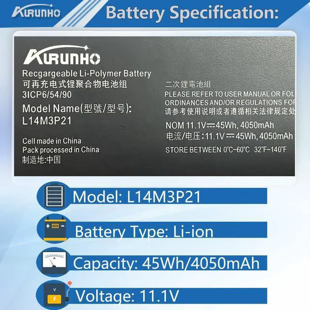 Alt view image 2 of 5 - AURUNHO L14M3P21 45Wh Laptop Battery Replacement for Lenovo Edge 2-1580 Flex 3-1570 3-1470 4-1570 4-1580 Yoga 500-15IBD 510-15IKB 510-15ISK 510-14AST 310S-15IKB 310S-14IKB 500S-14ISK Series 11.1V