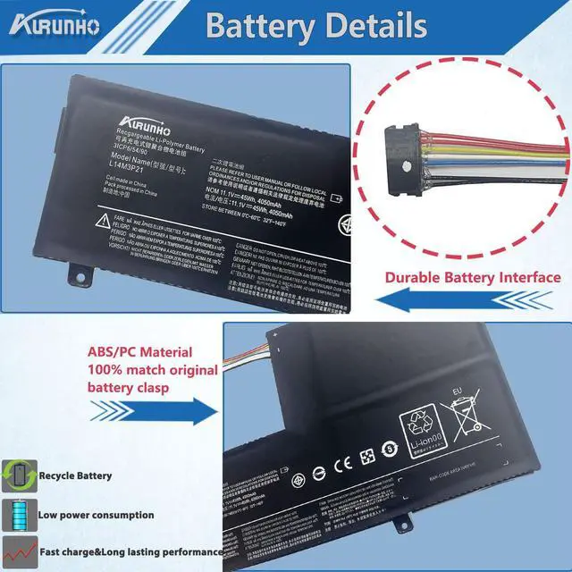 Alt view image 3 of 5 - AURUNHO L14M3P21 45Wh Laptop Battery Replacement for Lenovo Edge 2-1580 Flex 3-1570 3-1470 4-1570 4-1580 Yoga 500-15IBD 510-15IKB 510-15ISK 510-14AST 310S-15IKB 310S-14IKB 500S-14ISK Series 11.1V