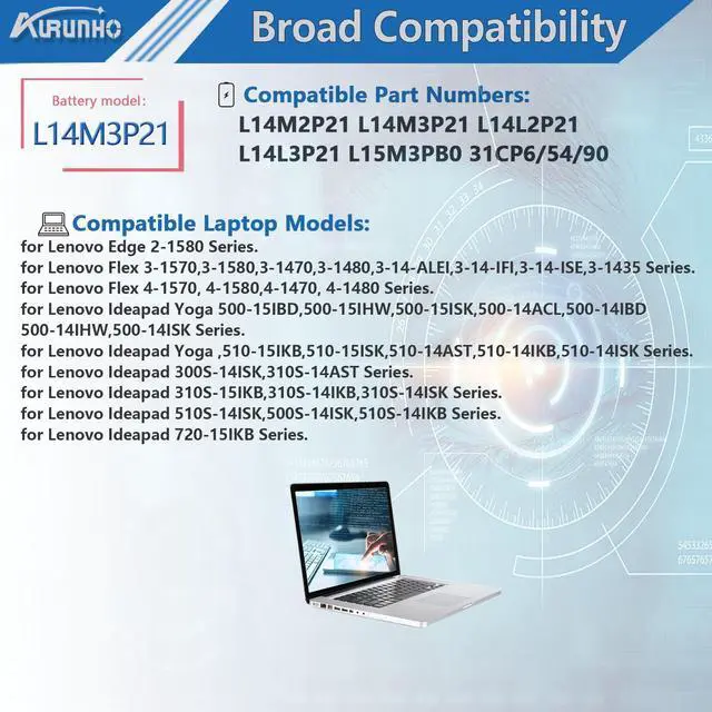 Alt view image 5 of 5 - AURUNHO L14M3P21 45Wh Laptop Battery Replacement for Lenovo Edge 2-1580 Flex 3-1570 3-1470 4-1570 4-1580 Yoga 500-15IBD 510-15IKB 510-15ISK 510-14AST 310S-15IKB 310S-14IKB 500S-14ISK Series 11.1V