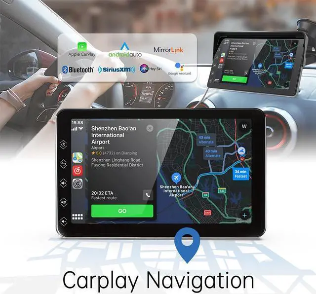 Alt view image 2 of 5 - AUCOMM 7" Portable Carplay Screen for Car Supports Wireless Connection with Carplay, Android Auto and Mirror, IPS Touchscreen Dash Mount Carplay for All Vehicles