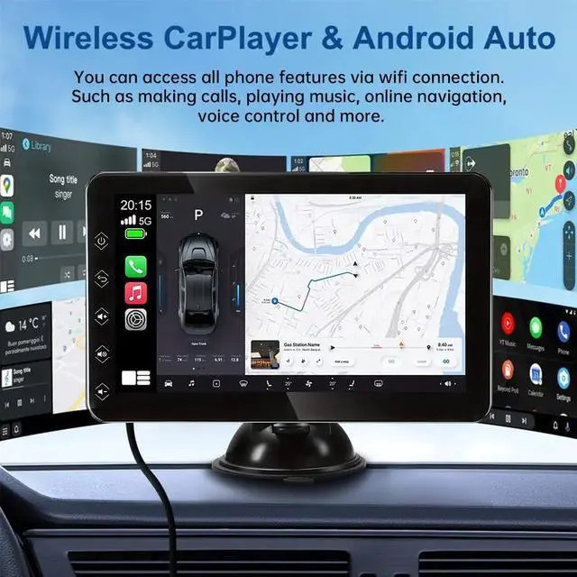 Alt view image 3 of 5 - AUCOMM 7" Portable Carplay Screen for Car Supports Wireless Connection with Carplay, Android Auto and Mirror, IPS Touchscreen Dash Mount Carplay for All Vehicles