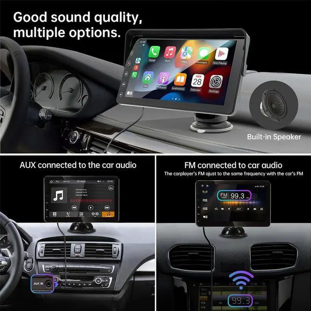 Alt view image 5 of 5 - AUCOMM 7" Portable Carplay Screen for Car Supports Wireless Connection with Carplay, Android Auto and Mirror, IPS Touchscreen Dash Mount Carplay for All Vehicles