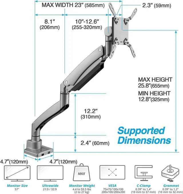 Alt view image 2 of 5 - AVLT Single 17"-57" Super Ultrawide Monitor Arm for Screens Up to 59.5 lbs, Premium Aluminum Desk Stand, Adjustable Pneumatic Height, Full Motion Swivel Tilt Rotation, USB-C & USB-A Ports, Gray