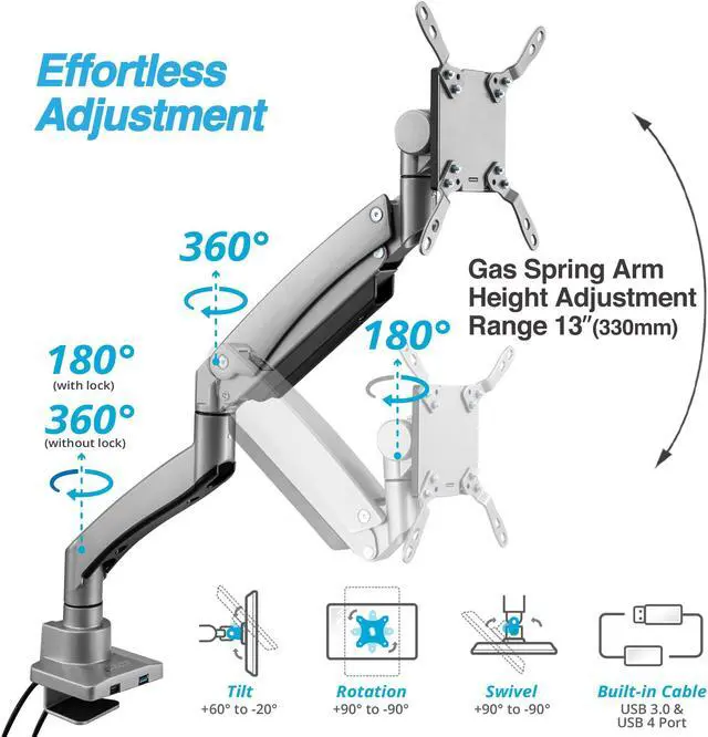 Alt view image 3 of 5 - AVLT Single 17"-57" Super Ultrawide Monitor Arm for Screens Up to 59.5 lbs, Premium Aluminum Desk Stand, Adjustable Pneumatic Height, Full Motion Swivel Tilt Rotation, USB-C & USB-A Ports, Gray