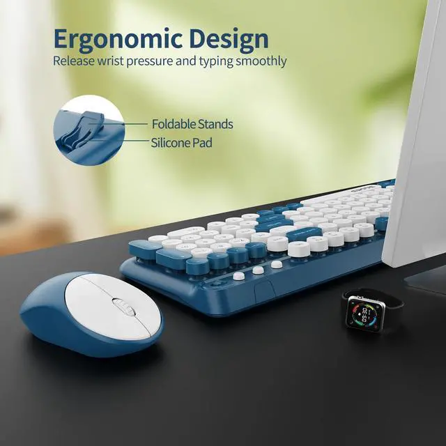 Alt view image 2 of 5 - Wireless Keyboard and Mouse,Cute Retro Typewriter Computer Keyboard and Mouse Sets,Full SIze 2.4G Cordless Colorful Round Keycaps Keyboard with Silent Mouse for PC Window Laptop Home Office-White Blue