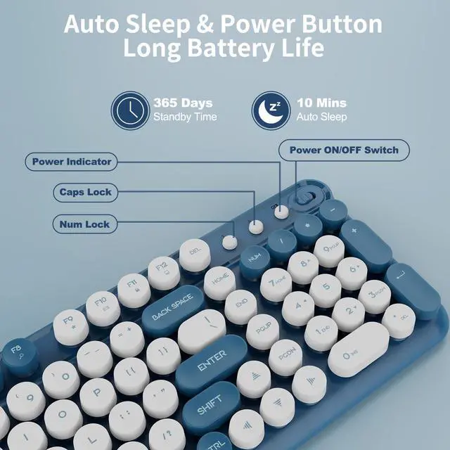 Alt view image 3 of 5 - Wireless Keyboard and Mouse,Cute Retro Typewriter Computer Keyboard and Mouse Sets,Full SIze 2.4G Cordless Colorful Round Keycaps Keyboard with Silent Mouse for PC Window Laptop Home Office-White Blue