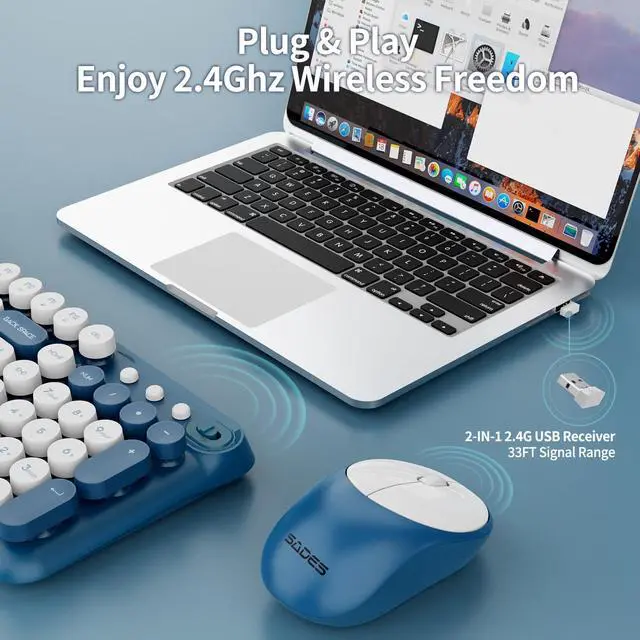 Alt view image 4 of 5 - Wireless Keyboard and Mouse,Cute Retro Typewriter Computer Keyboard and Mouse Sets,Full SIze 2.4G Cordless Colorful Round Keycaps Keyboard with Silent Mouse for PC Window Laptop Home Office-White Blue
