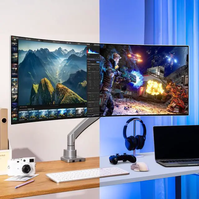 Alt view image 4 of 5 - AVLT Single 17"-57" Super Ultrawide Monitor Arm for Screens Up to 59.5 lbs, Premium Aluminum Desk Stand, Adjustable Pneumatic Height, Full Motion Swivel Tilt Rotation, USB-C & USB-A Ports, Gray