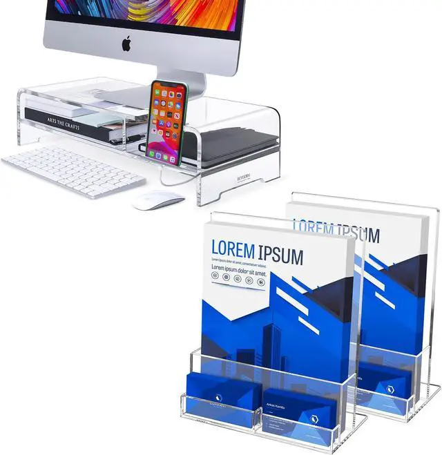 Main image of BEYGORM Acrylic Monitor Stand Riser, 2 Pack Clear Acrylic Flyer Holder with Business Card Holder