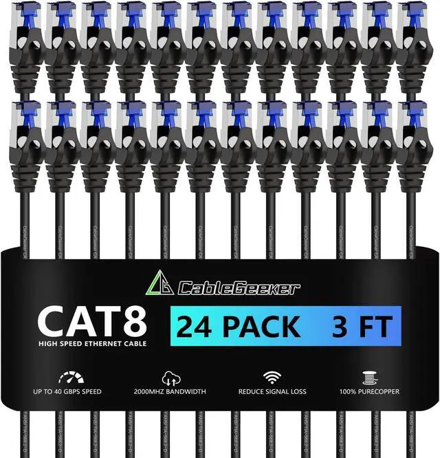 Main image of CableGeeker Patch Cables Cat8 3ft 24 Pack Slim, Cat8 Ethernet Patch Cable 40G 2000MHz Support, Snagless RJ45 Cat 8 Patch Cable for Patch Panel to Switch, Flexible Network Cable - 3 Feet Black
