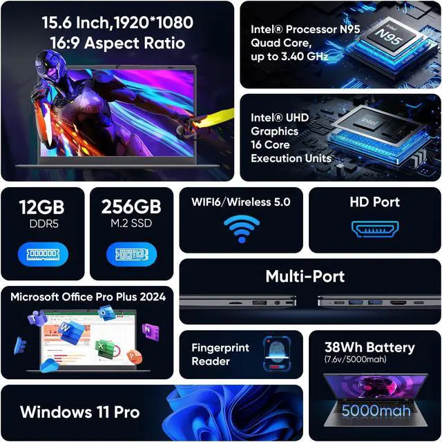 Alt view image 3 of 5 - Coolby 15.6inch Windows 11 Laptop, 12GB RAM/256GB SSD, 1920x1080 IPS Display, Intel N95(Beats N5095) Quad Core Laptop Computer, Support Fingerprint, WiFi 5, BT