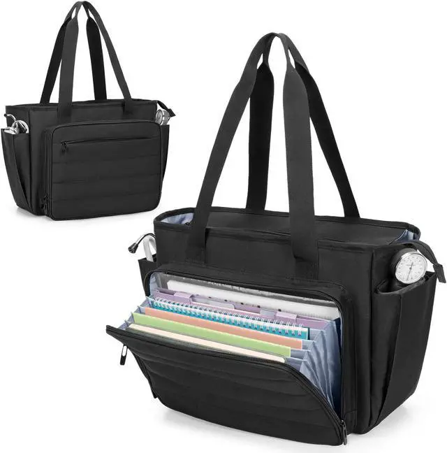 Main image of CURMIO Nurse Tote Bag for Women, Portable Medical Supplies Shoulder Bag with A4 Size Accordion File Organizer Compartment and 15.6" Laptop Sleeve for Nursing Work, Home Health, Black(Patent Pending)