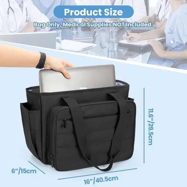 Alt view image 5 of 5 - CURMIO Nurse Tote Bag for Women, Portable Medical Supplies Shoulder Bag with A4 Size Accordion File Organizer Compartment and 15.6" Laptop Sleeve for Nursing Work, Home Health, Black(Patent Pending)