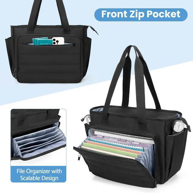 Alt view image 3 of 5 - CURMIO Nurse Tote Bag for Women, Portable Medical Supplies Shoulder Bag with A4 Size Accordion File Organizer Compartment and 15.6" Laptop Sleeve for Nursing Work, Home Health, Black(Patent Pending)