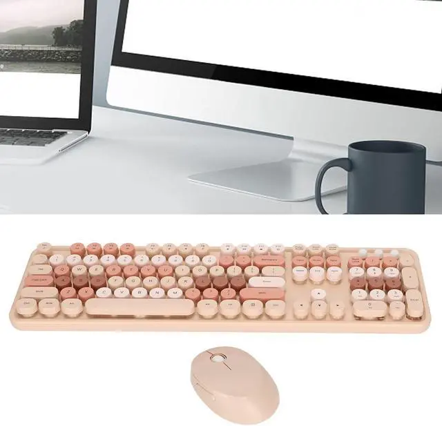 Alt view image 5 of 5 - Keyboard Mouse Combo, 104 Keys Retro Round Key Keyboard, Cute Ergonomic Keyboard Girls, 2.4G USB Keyboard(104Keys Sweet Milk Tea Color Mixed Color)