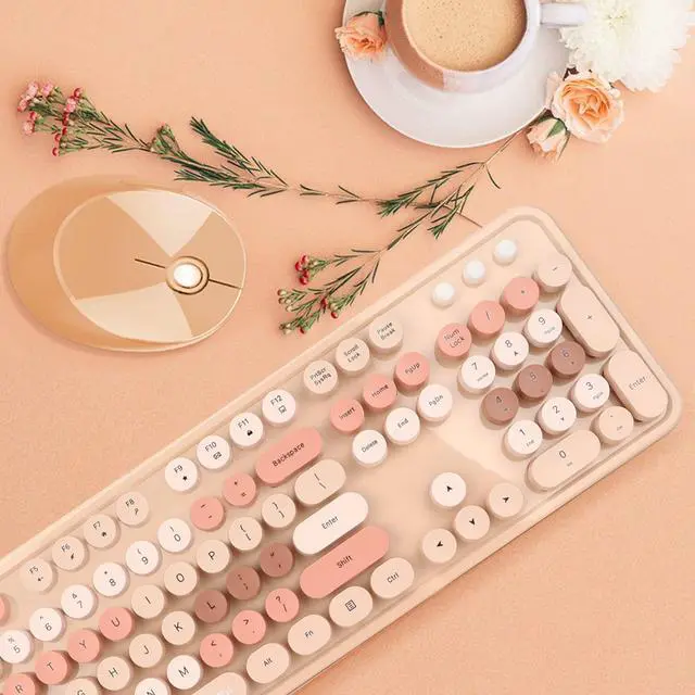 Alt view image 4 of 5 - Keyboard Mouse Combo, 104 Keys Retro Round Key Keyboard, Cute Ergonomic Keyboard Girls, 2.4G USB Keyboard(104Keys Sweet Milk Tea Color Mixed Color)