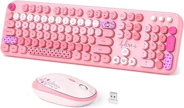 Main image of Dilter Wireless Keyboard and Mouse, Typewriter Full Size Keyboard with Number Pad and 2 in 1 USB Connected Mouse for Windows 7/8/10, Laptop, Desktop, PC, Computer (Pink Colorful)