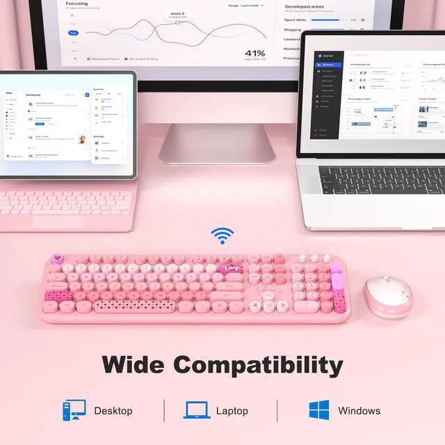 Alt view image 2 of 5 - Dilter Wireless Keyboard and Mouse, Typewriter Full Size Keyboard with Number Pad and 2 in 1 USB Connected Mouse for Windows 7/8/10, Laptop, Desktop, PC, Computer (Pink Colorful)
