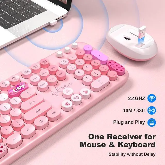 Alt view image 5 of 5 - Dilter Wireless Keyboard and Mouse, Typewriter Full Size Keyboard with Number Pad and 2 in 1 USB Connected Mouse for Windows 7/8/10, Laptop, Desktop, PC, Computer (Pink Colorful)
