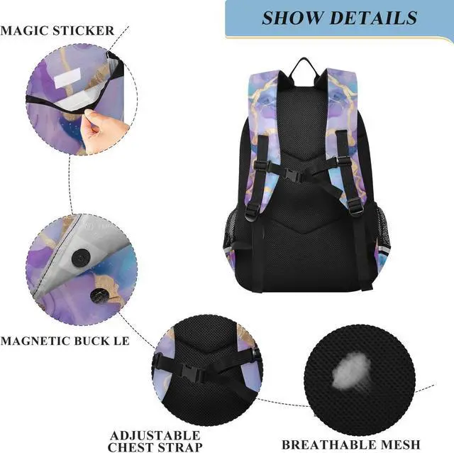 Alt view image 3 of 5 - senya School Backpack Kids College Rucksack Travel Bookbag Fashion Back Pack Girls Boys Marble Watercolor Blue Purple