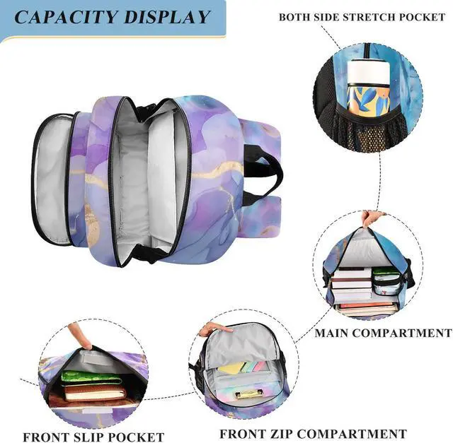 Alt view image 4 of 5 - senya School Backpack Kids College Rucksack Travel Bookbag Fashion Back Pack Girls Boys Marble Watercolor Blue Purple