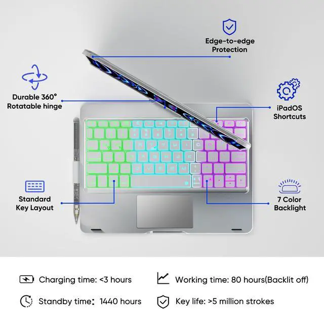 Alt view image 5 of 5 - doqo iPad Pro 11 inch Case with Keyboard (M4, 2024),Keyboard case for iPad Pro 11 2024 with Multi-Touch Trackpad, 7 Colors Backlight & 360degRotatable,Thin&Light for iPad Pro 11 5th A2836, A2837