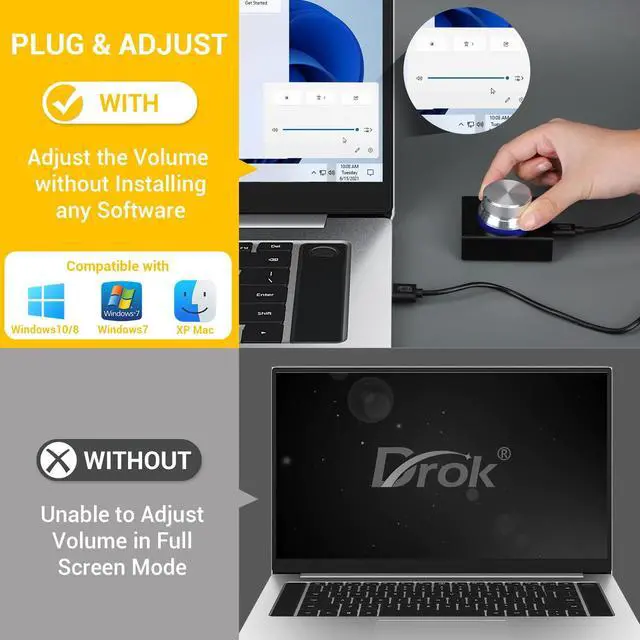Alt view image 2 of 5 - DROK USB Volume Knob, Small PC Computer Speaker Audio External USB Volume Control Knob with 1-Key Mute Function Support Win7 8 10 XP Mac Vista Android, Black and Silver