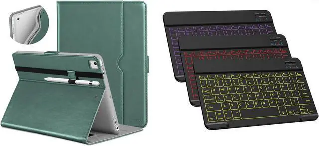 Main image of DTTO for iPad 9.7 Inch 5th/6th Generation 2018/2017 Case with Pencil Holder, Premium Leather Folio Stand Cover and Wireless Rechargeable Keyboard, Midnight Green/Black