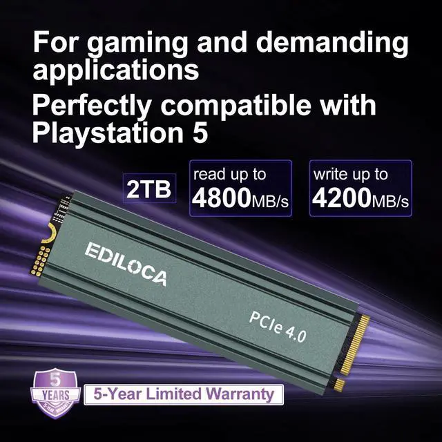 Alt view image 3 of 5 - Ediloca 2TB M2 NVME SSD with Heatsink - PCIe Gen4.0 NVMe M.2 2280 3D NAND TLC, 4800MB/s Read, Internal Solid State Drive for PS5/PC, Dynamic SLC Cache, PS5 Storage Expansion, 5-Year Warranty(EN760)