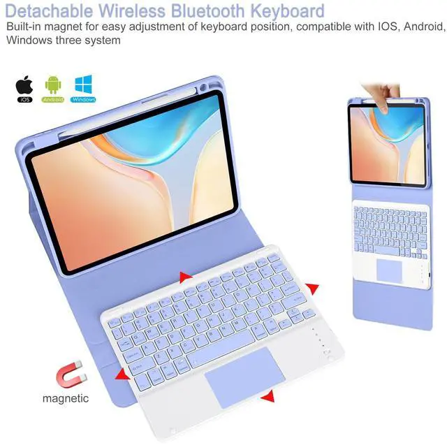 Alt view image 2 of 5 - Eisuiyi Keyboard Case for iPad 10th Generation 10.9", Detachable Touchpad BT Keyboard, Magentic Protective Cover with Pencil Holder, Full Protection, Purple