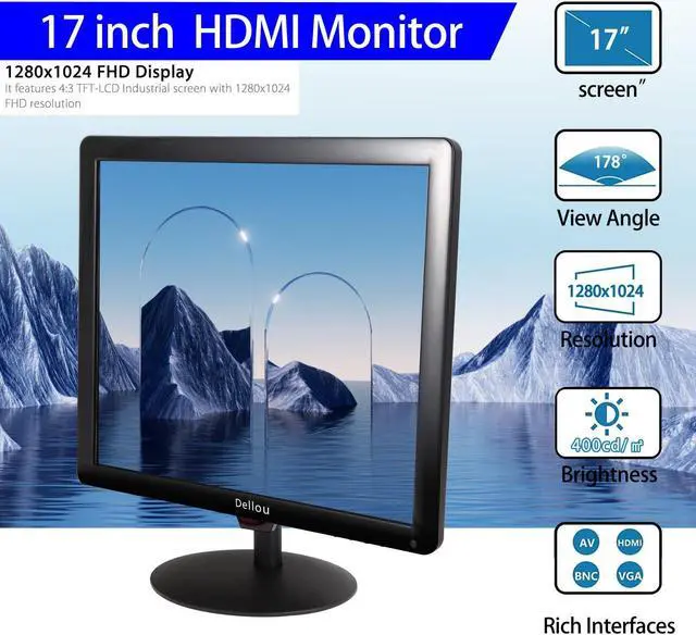 Alt view image 4 of 5 - Elweyoo 17 inch Monitoring LCD Display Security Camera Monitor Multifunction Interface HDMI, AV, BNC, VGA, USB, PC Input CCTV Computer Monitor Built-in Speaker 1280x1024 Full HD, Black