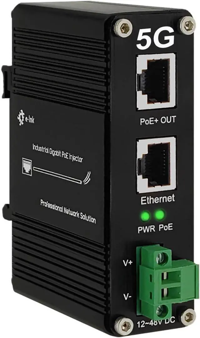 Main image of Elenzk 5G PoE Injector - Industrial 5 Gigabit IEEE802.3 at 30W Hardened POE Adapter with 12-48V DC Input DIN- Rail, IP40 Aluminum Case, for 5G Wireless Router/AP/Wi-Fi Range Extender