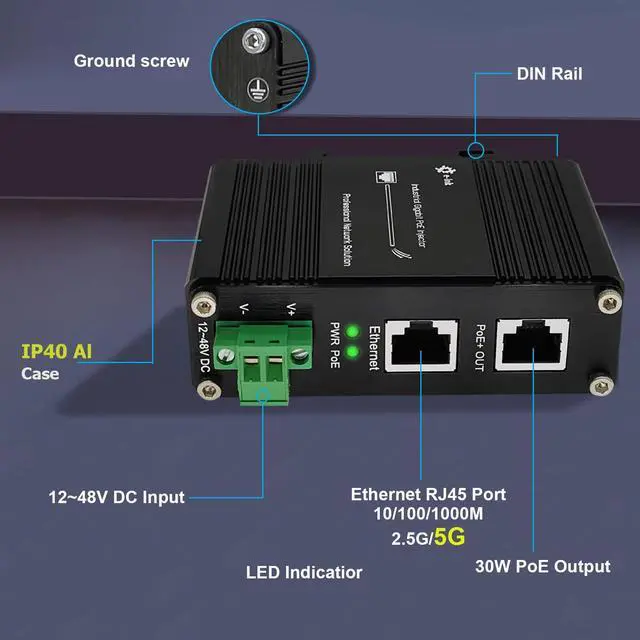 Alt view image 3 of 5 - Elenzk 5G PoE Injector - Industrial 5 Gigabit IEEE802.3 at 30W Hardened POE Adapter with 12-48V DC Input DIN- Rail, IP40 Aluminum Case, for 5G Wireless Router/AP/Wi-Fi Range Extender