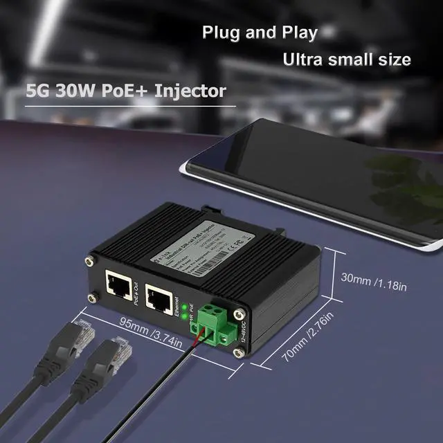 Alt view image 4 of 5 - Elenzk 5G PoE Injector - Industrial 5 Gigabit IEEE802.3 at 30W Hardened POE Adapter with 12-48V DC Input DIN- Rail, IP40 Aluminum Case, for 5G Wireless Router/AP/Wi-Fi Range Extender